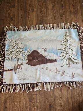 Cozy Winter Cabin Fleece Throw Blanket in Brown and Cream